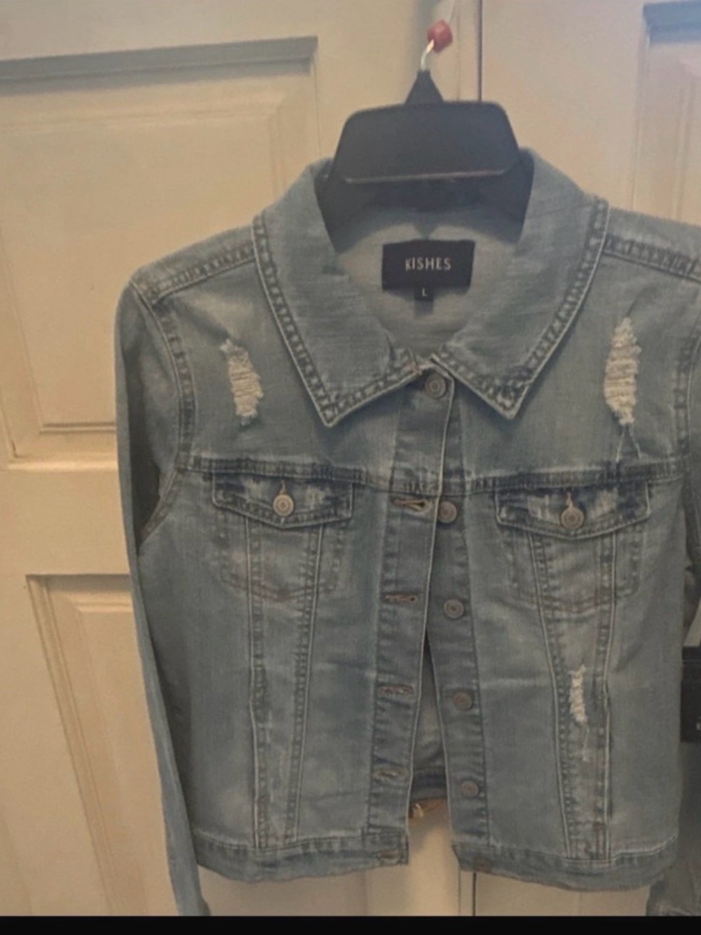 Light Blue Distressed Denim Jacket for Women